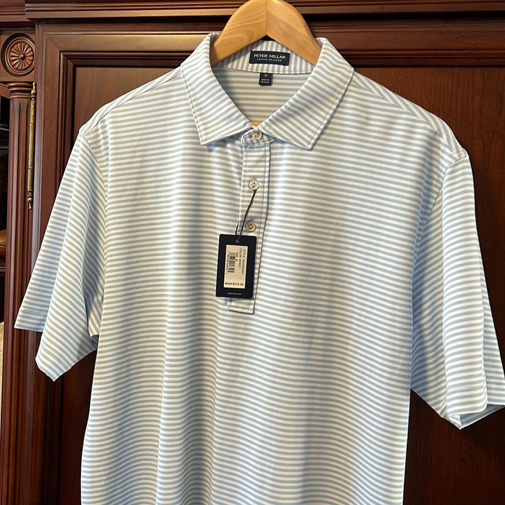 Brand New Peter Millar Crown Crafted Tailored Fit Blue & White Stripes Golf Polo